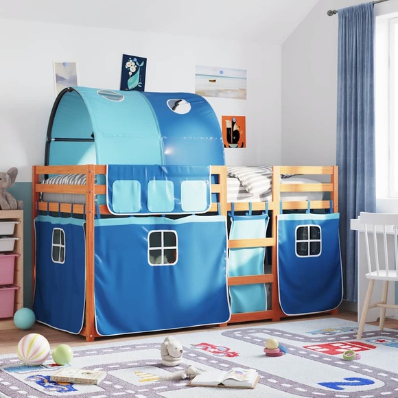 vidaXL Etagenbett mit Vorhängen Blau 75x190 cm Massivholz Kiefer