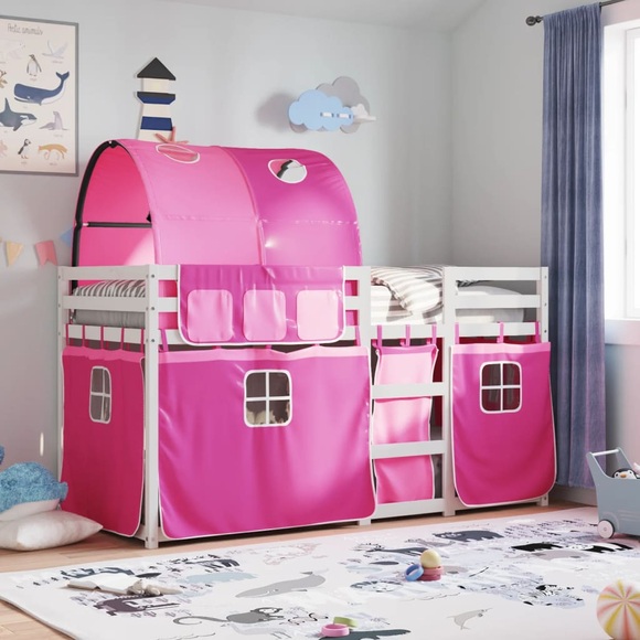 vidaXL Etagenbett mit Vorhängen Rosa 90x200 cm Massivholz Kiefer