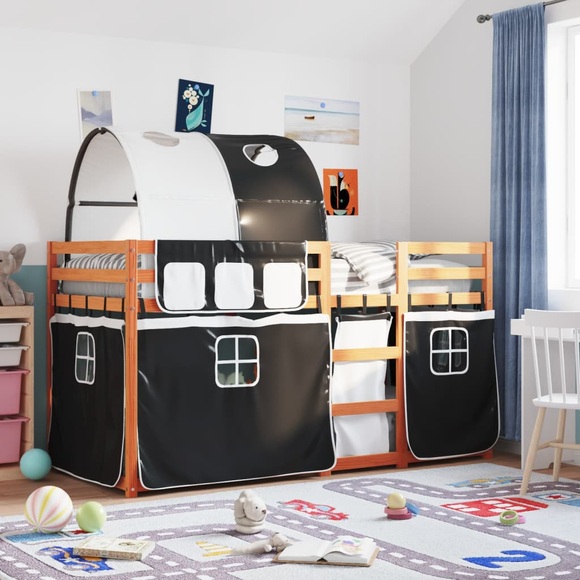 vidaXL Etagenbett mit Vorhängen Weiß & Schwarz 90x190 cm Kiefernholz