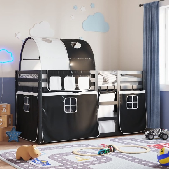vidaXL Etagenbett mit Vorhängen Weiß & Schwarz 90x190 cm Kiefernholz