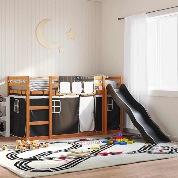 vidaXL Etagenbett mit Rutsche und Gardinen Weiß und Schwarz 90x200 cm