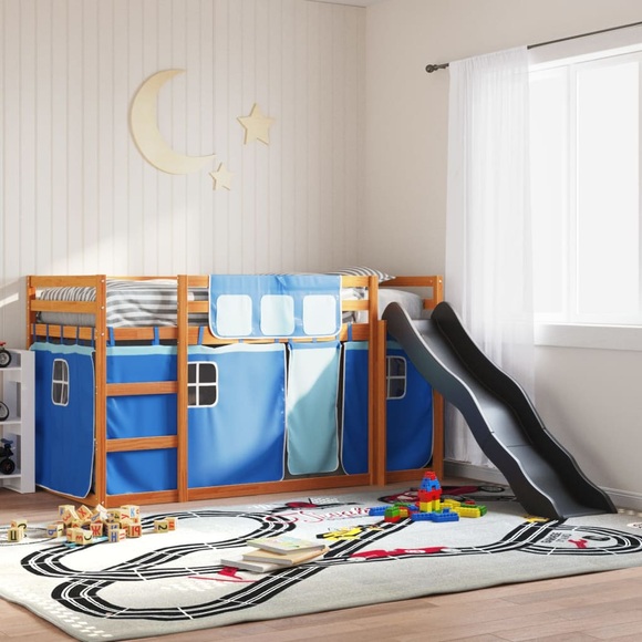 vidaXL Etagenbett mit Rutsche und Gardinen Blau 90x200 cm