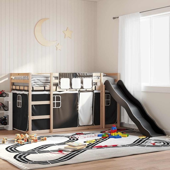 vidaXL Etagenbett mit Rutsche und Gardinen Weiß und Schwarz 90x190 cm