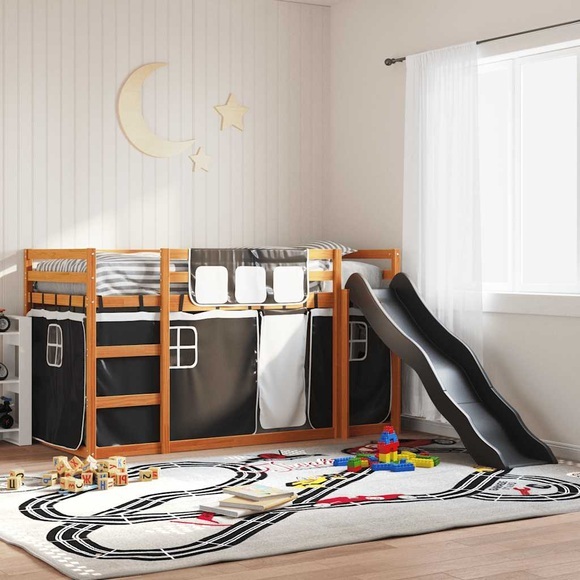 vidaXL Etagenbett mit Rutsche und Gardinen Weiß und Schwarz 90x190 cm
