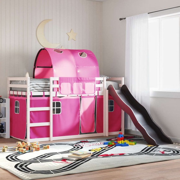 vidaXL Etagenbett mit Rutsche und Gardinen Rosa 90x200 cm