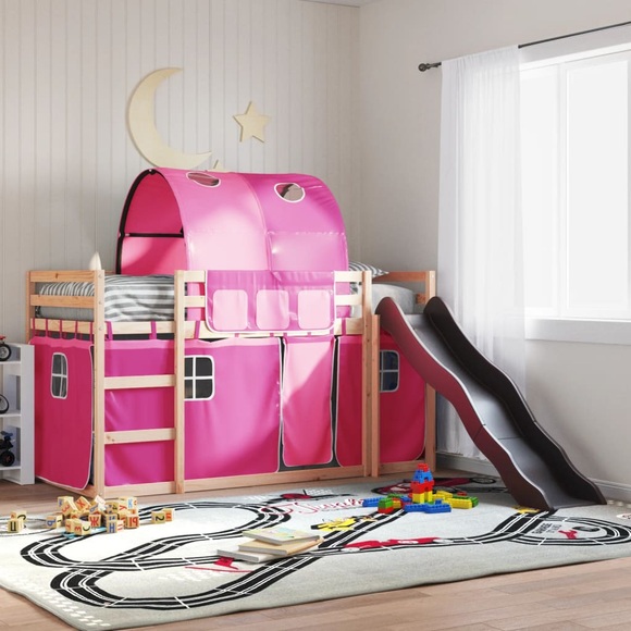 vidaXL Etagenbett mit Rutsche und Gardinen Rosa 90x190 cm