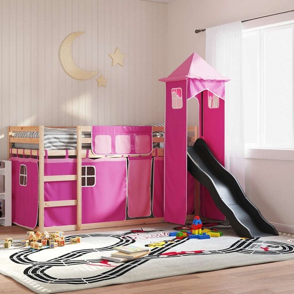 vidaXL Etagenbett mit Rutsche und Gardinen Rosa 90x190 cm