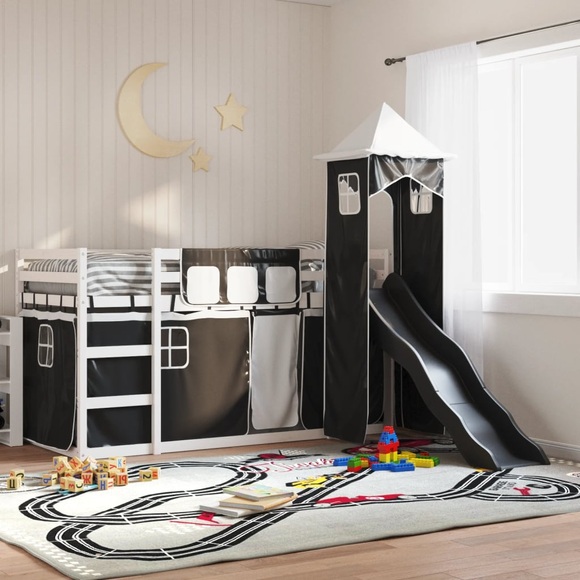 vidaXL Etagenbett mit Rutsche und Gardinen Weiß und Schwarz 90x190 cm