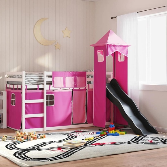 vidaXL Etagenbett mit Rutsche und Gardinen Rosa 90x190 cm