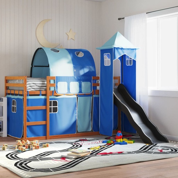 vidaXL Etagenbett mit Rutsche und Gardinen Blau 80x200 cm