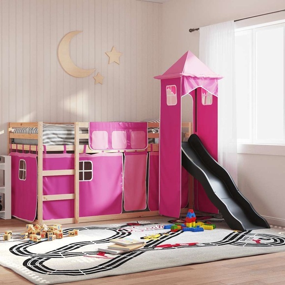 vidaXL Etagenbett mit Rutsche und Gardinen Rosa 90x200 cm