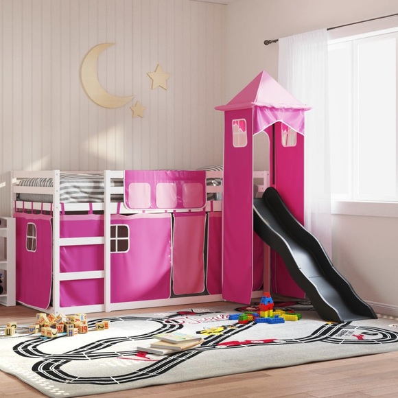 vidaXL Etagenbett mit Rutsche und Gardinen Rosa 90x200 cm