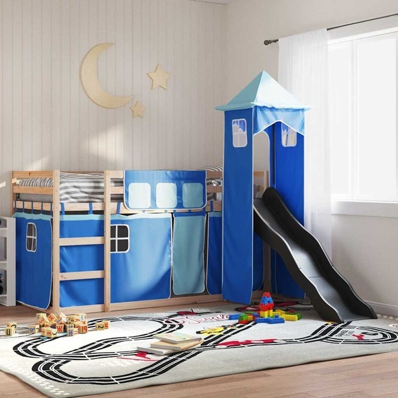 vidaXL Etagenbett mit Rutsche und Gardinen Blau 80x200 cm