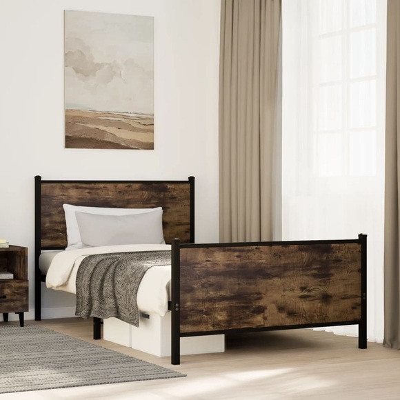 vidaXL Bettgestell mit Kopf- und Fußteil Metall Räuchereiche 100x190cm