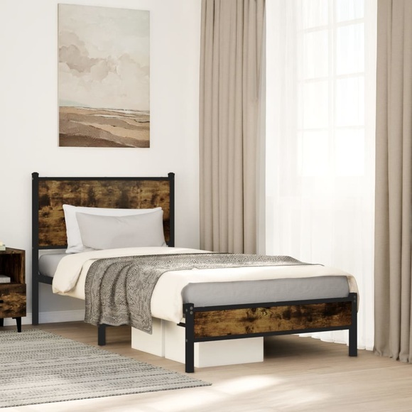 vidaXL Bettgestell mit Kopfteil Metall Räuchereiche 90x200 cm