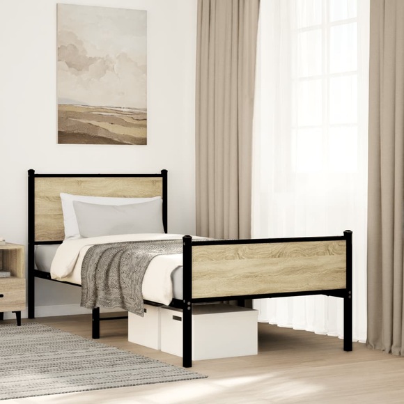vidaXL Metallbett ohne Matratze Sonoma-Eiche 90x190 cm