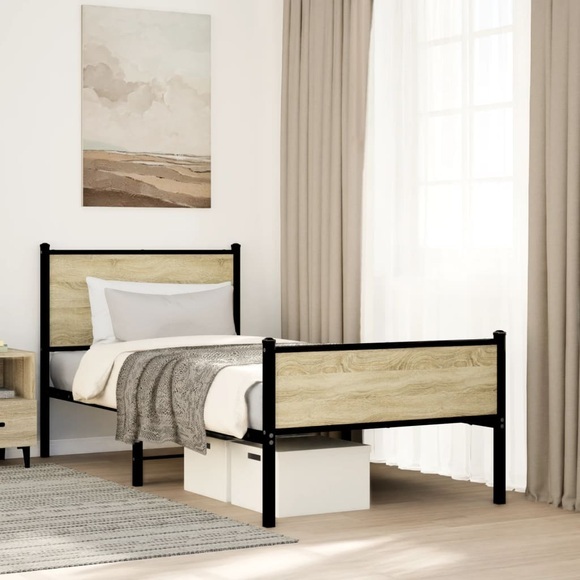 vidaXL Metallbett ohne Matratze Sonoma-Eiche 90x200 cm