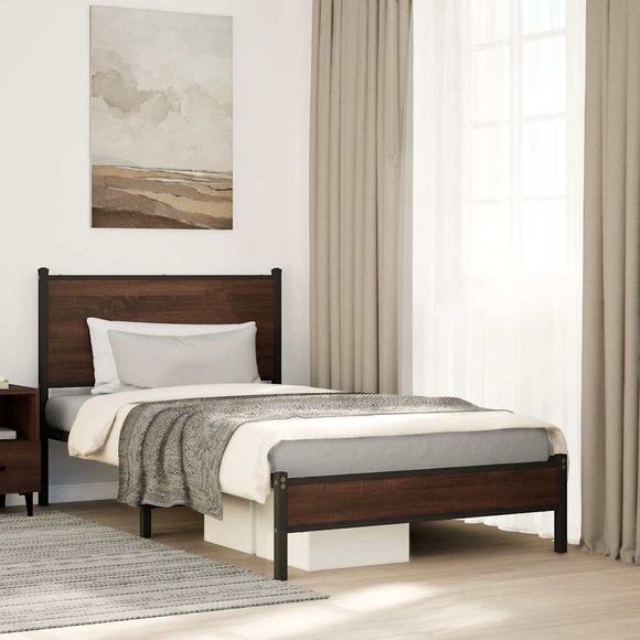 vidaXL Bettgestell mit Kopfteil Metall Braun Eichen-Optik 100x200 cm