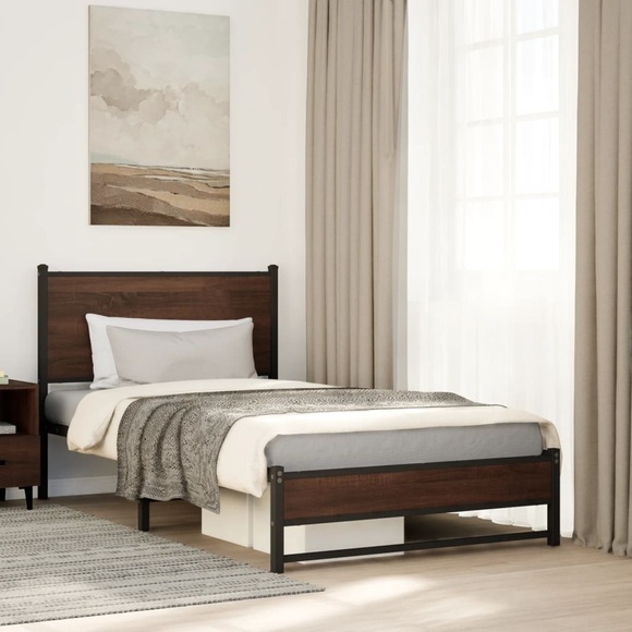 vidaXL Bettgestell mit Kopfteil Metall Braun Eichen-Optik 100x190 cm