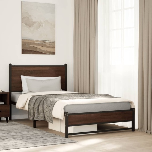 vidaXL Bettgestell mit Kopfteil Metall Braun Eichen-Optik 100x200 cm