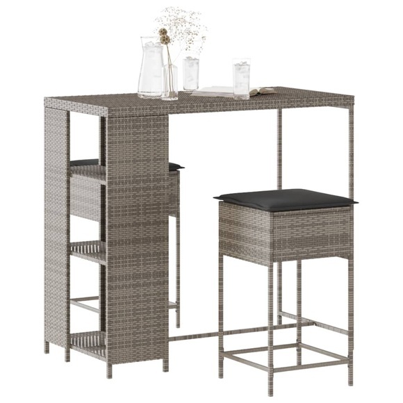 vidaXL 3-tlg. Gartenbar-Set mit Kissen Grau Poly-Rattan