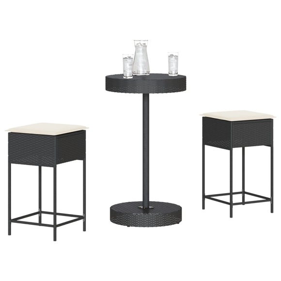 vidaXL 3-tlg. Gartenbar-Set mit Kissen Schwarz Poly Rattan