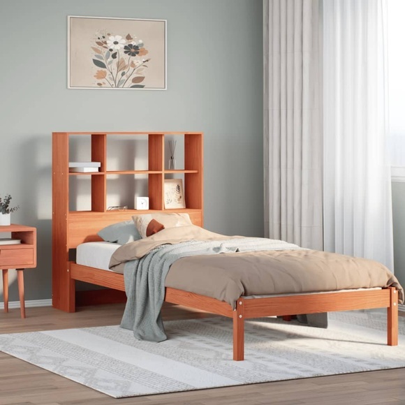 vidaXL Massivholzbett mit Regal ohne Matratze Wachsbraun 90x200 cm