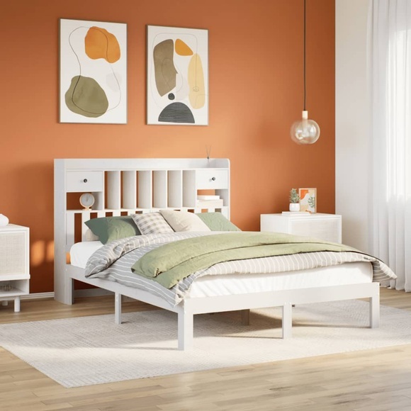 vidaXL Massivholzbett mit Regal ohne Matratze Weiß 135x190 cm Kiefer