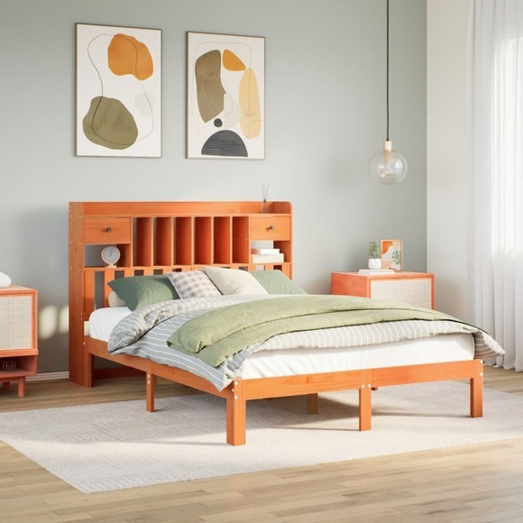vidaXL Massivholzbett mit Regal ohne Matratze Wachsbraun 140x200 cm