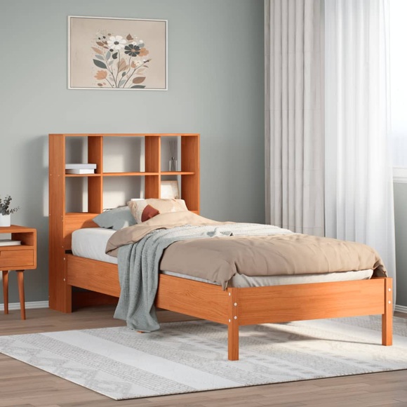 vidaXL Massivholzbett mit Regal ohne Matratze Wachsbraun 90x200 cm
