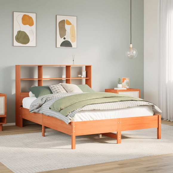 vidaXL Massivholzbett mit Regal ohne Matratze Wachsbraun 135x190 cm