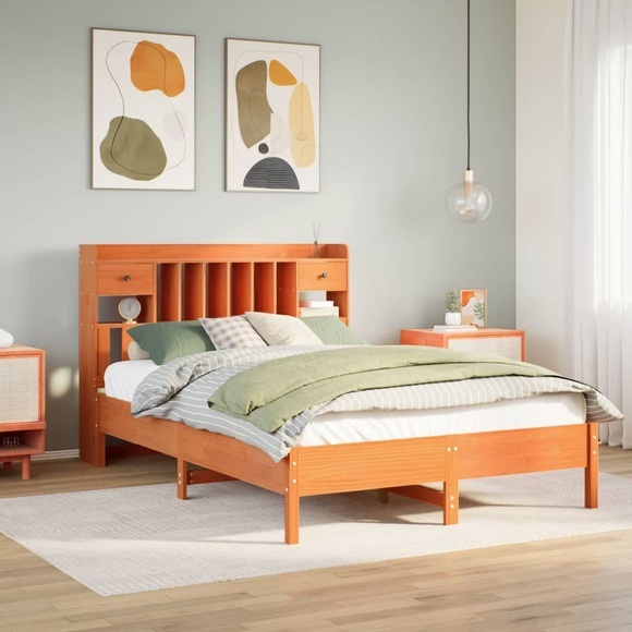 vidaXL Massivholzbett mit Regal ohne Matratze Wachsbraun 140x200 cm