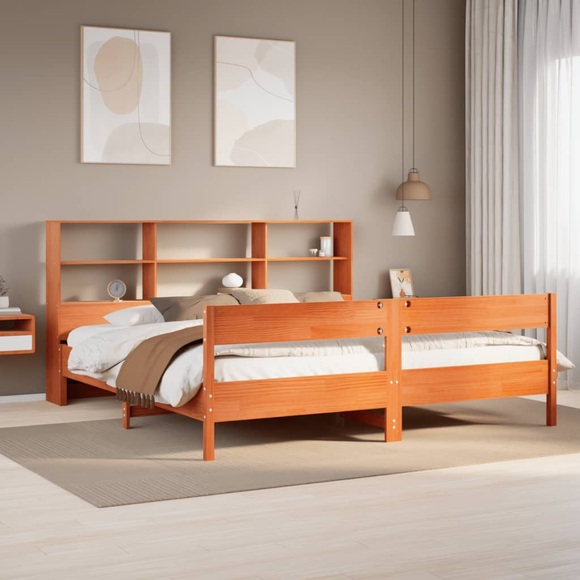 vidaXL Massivholzbett mit Regal ohne Matratze Wachsbraun 200x200 cm