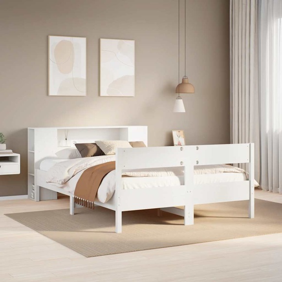 vidaXL Massivholzbett mit Regal ohne Matratze Weiß 150x200 cm Kiefer