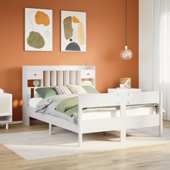 vidaXL Massivholzbett mit Regal ohne Matratze Weiß 160x200 cm Kiefer