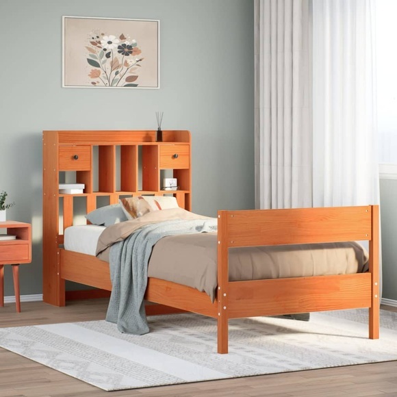vidaXL Massivholzbett mit Regal ohne Matratze Wachsbraun 90x190 cm