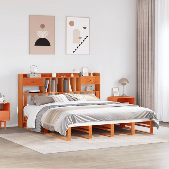 vidaXL Massivholzbett mit Regal ohne Matratze Wachsbraun 200x200 cm