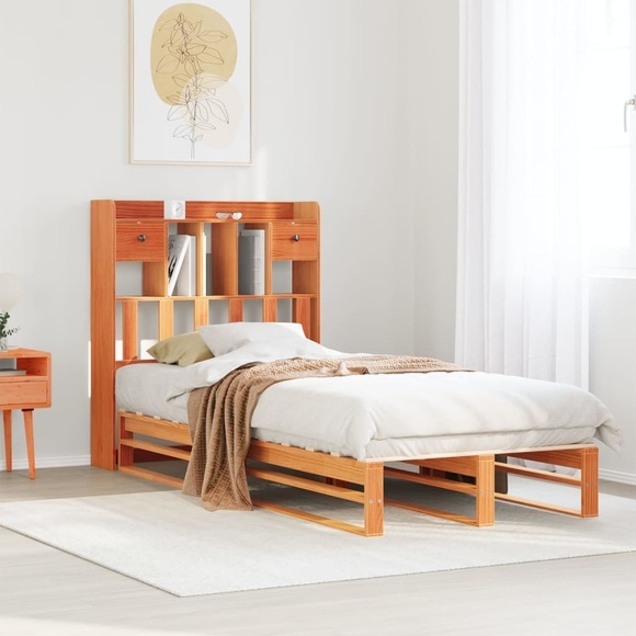 vidaXL Massivholzbett mit Regal ohne Matratze Wachsbraun 75x190 cm