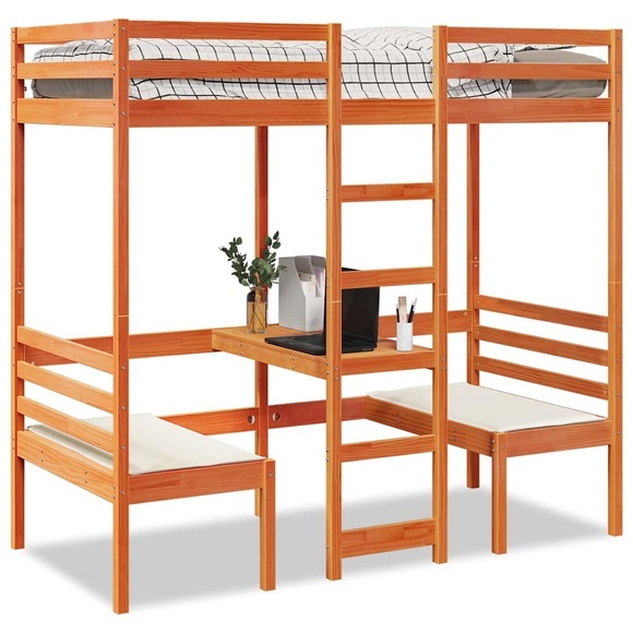 vidaXL Hochbett mit Schreibtisch & Stühlen Braun 80x200 cm Kiefernholz