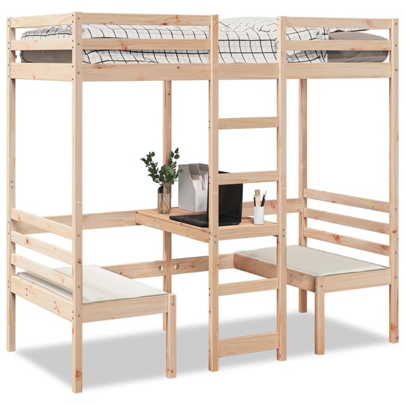 vidaXL Hochbett mit Schreibtisch & Stühlen 90x190 cm Massivholz Kiefer