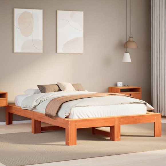 vidaXL Massivholzbett ohne Matratze Wachsbraun 135x190 cm Kiefernholz
