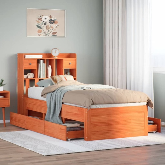 vidaXL Massivholzbett mit Regal ohne Matratze Wachsbraun 100x200 cm
