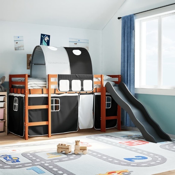 vidaXL Kinderhochbett mit Tunnel Weiß & Schwarz 90x200 cm Kiefernholz