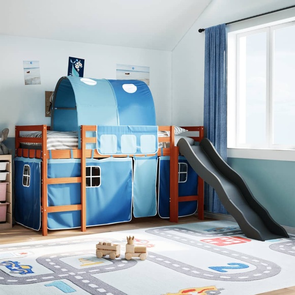 vidaXL Kinderhochbett mit Tunnel Blau 90x200 cm Massivholz Kiefer