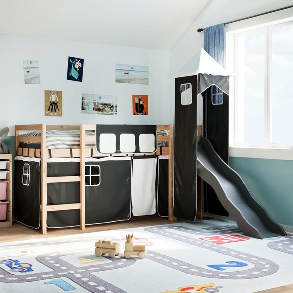 vidaXL Kinderhochbett mit Turm Weiß & Schwarz 90x200 cm Kiefernholz