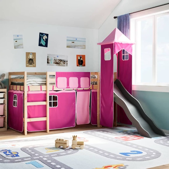 vidaXL Kinderhochbett mit Turm Rosa 90x200 cm Massivholz Kiefer