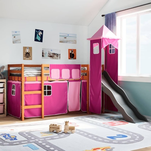 vidaXL Kinderhochbett mit Turm Rosa 90x190 cm Massivholz Kiefer