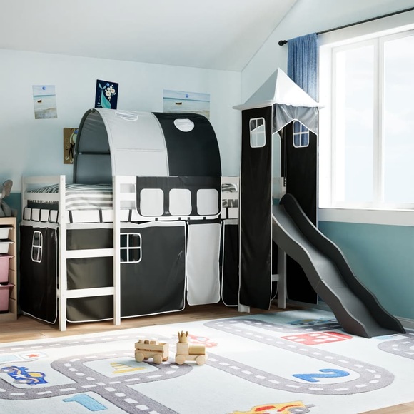 vidaXL Kinderhochbett mit Turm Weiß & Schwarz 80x200 cm Kiefernholz