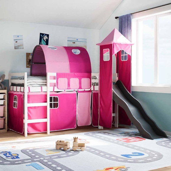 vidaXL Kinderhochbett mit Turm Rosa 90x200 cm Massivholz Kiefer