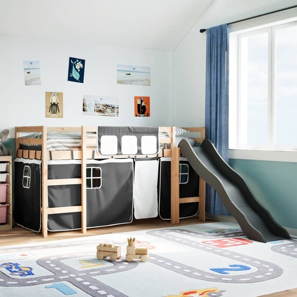 vidaXL Kinderhochbett mit Vorhängen Weiß und Schwarz Massivholz Kiefer